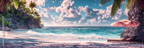 Scenic Beach Landscape with Waves Hitting the Shore  Sunny Day and Clear Blue Sky  Peaceful Seaside