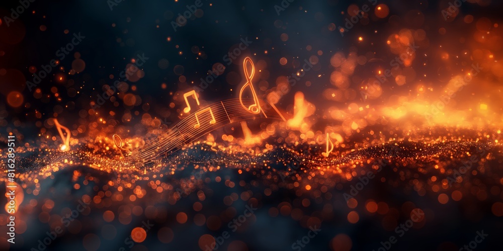 Blowing musical notes floating amidst a mesmerizing background of fiery orange bokeh lights, evoking the ethereal beauty of music in a visual form.
Blowing musical notes floating amidst a mesmerizing background of fiery orange bokeh lights, evoking the ethereal beauty of music in a visual form.