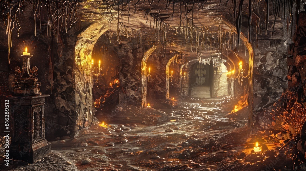 Mystical medieval catacombs with torches. Highly detailed 3d digital art style