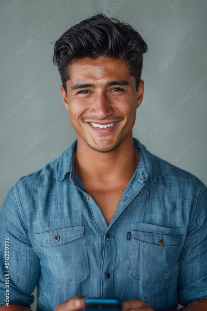 A man is smiling and holding a cell phone A man is smiling and holding a cell phone