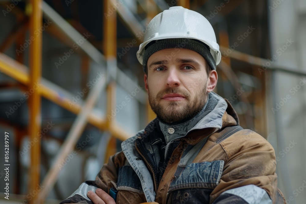 A man wearing a hard hat and a brown jacket is standing in front of a building A man wearing a hard hat and a brown jacket is standing in front of a building