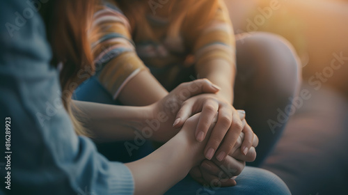 Woman and teenager girl holding hands close up cropped shot Adult person psychotherapist mother giving support care compassion to young teen kid helping to cope with depression problem : Generative AI photo