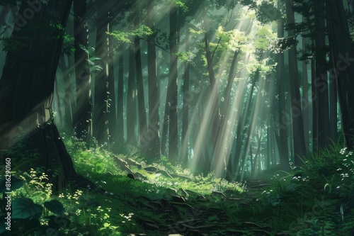 Sunlight filtering through the lush green trees of the forest. Green trees with sunlight shining down from above.