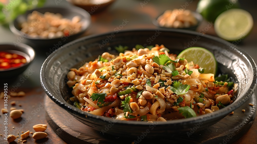 Pad Thai with peanuts and lime, fresh foods in minimal style