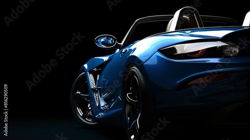 blue generic unbranded luxury sport car on a very dark black background, banner 