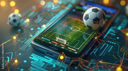 soccer betting interface with a live match, surrounded by colorful digital graphics representing real-time analytics. 