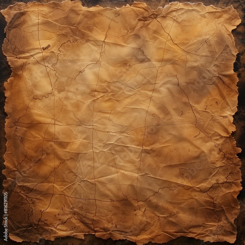 an old, weathered, and cracked piece of parchment or paper. It has a vintage appearance with rough textural creases, stains, discoloration, giving it an aged, antique feel - blank background, map