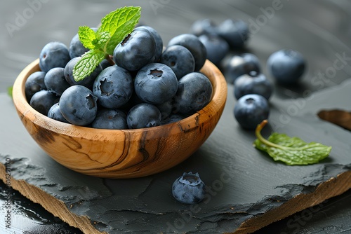 A wooden bowl filled with blueberries and mint leaves photo