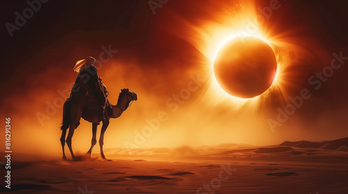 A man riding a camel in the desert with a large solar eclipse in the background.