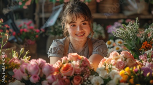 Young adult with Down syndrome working at a flower shop, arranging bouquets © victoriazarubina