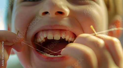 a boy is cleaning his teeth with a toothpick plastic dental floss close up photo kid has diastema space between teeth stomatological concept dental care family education : Generative AI photo