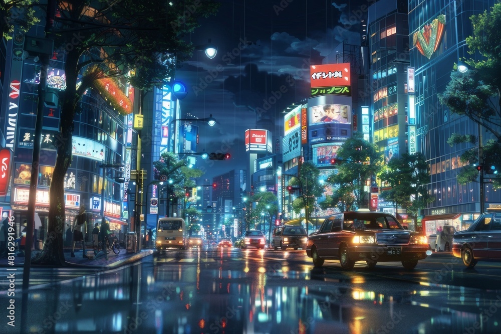 A modern cityscape in the middle of the city after the rain with the city lights on.