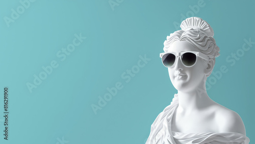 A white marble statue of ancient greek goddess wearing sunglasses on a blue background with copy space for text.