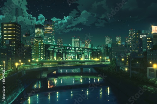 Cityscape with green lights. Night cityscape with river, bridge and city buildings. © an