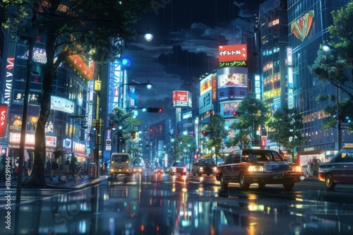A modern cityscape in the middle of the city after the rain with the city lights on.