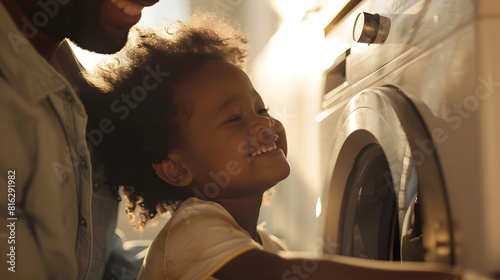 Side view of black child in casual clothes with curly hair smiling and embracing dad loading washing machine during household routine in morning at home : Generative AI