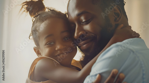 Sweet moments of fatherhood concept happy african father hold embrace cute little child daughter smiling black family mixed race daddy and small kid hugging cuddling enjoying time toge : Generative AI