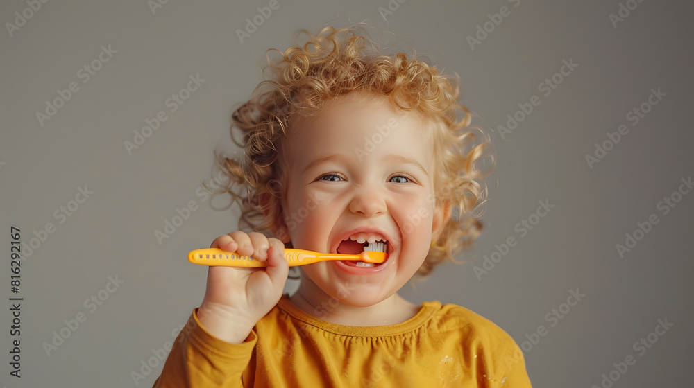 Portrait of laughing happy cheerful infant girl kid with curly blonde hair brushing her teeth taking care of dental hygiene standing isolated over gray background : Generative AI Portrait of laughing happy cheerful infant girl kid with curly blonde hair brushing her teeth taking care of dental hygiene standing isolated over gray background : Generative AI