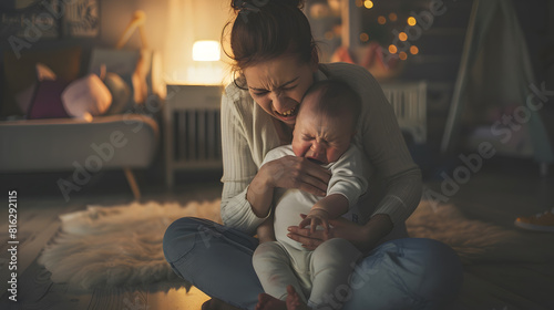 Tired infant baby cries in mother hands depressed unhappy exhausted mom sitting on floor with crying little child on her lap bedroom interior copy space Postnatal postpartum depression : Generative AI photo