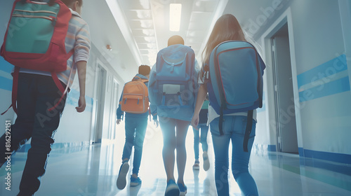 Back to school A group of schoolchildren with backpacks walk along the school corridor during recess Education and science concept : Generative AI