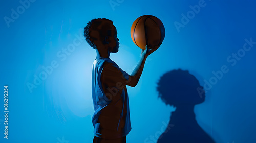 Childhood and dream about big and famous future Conceptual image with boy and shadow of sportive male basketball player champion on blue background Childhood dreams imagination educati : Generative AI photo