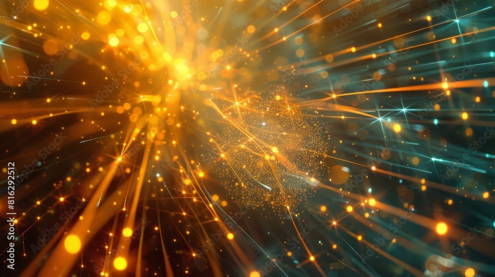 Rays of light shining down on the expedition as they observe an intricate network of subatomic particles.