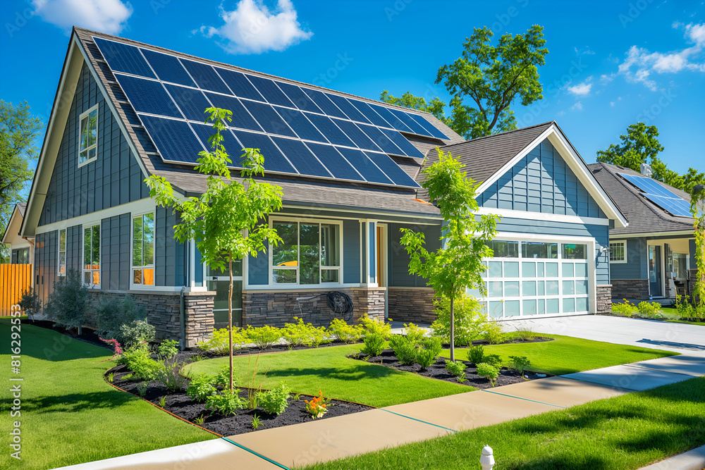 Modern Solar Panels Installed On A Home Under Clear Blue Sunny Sky, Solar Photography, Solar Powered Clean Energy, Sustainable Resources, Electricity Source
