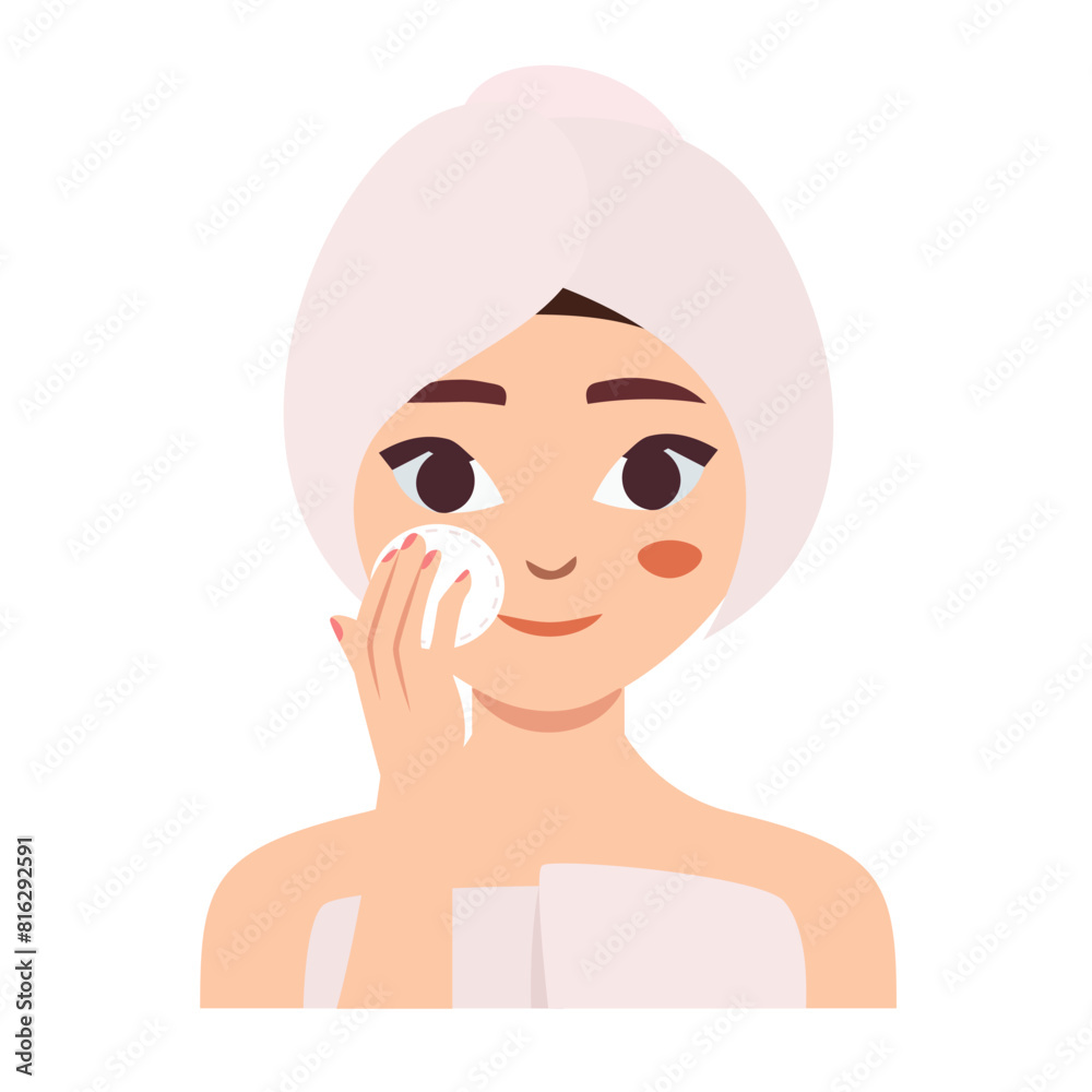 Skin care icon with woman applying facial lotion with cotton pad. Skin care icon with woman applying facial lotion with cotton pad.