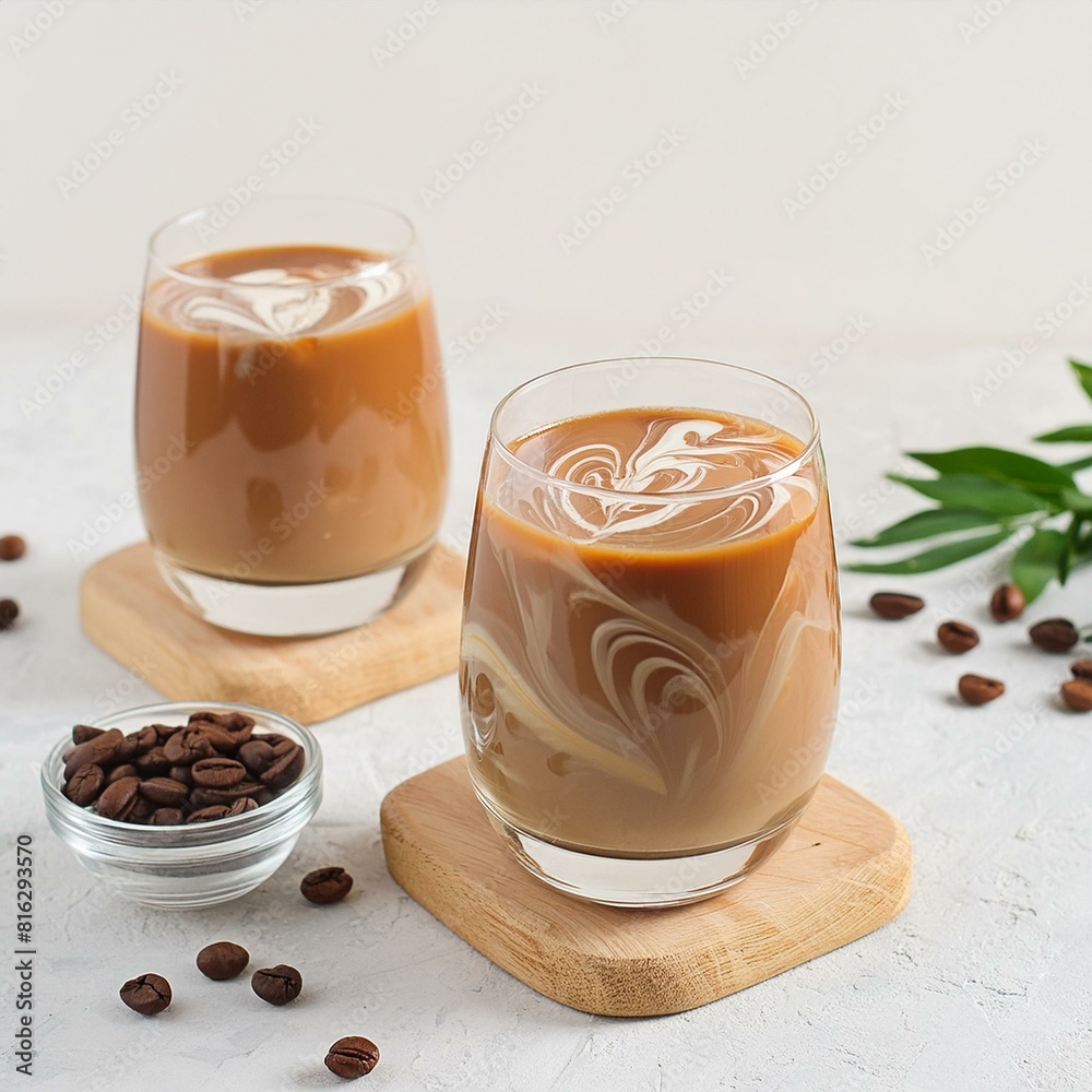 Two glasses of iced coffee on a light concrete table. Frozen swirls of milk. Horizontal orientation, copy space. Two glasses of iced coffee on a light concrete table. Frozen swirls of milk. Horizontal orientation, copy space.