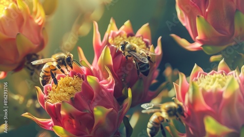 Honeybees collecting nectar from dragon fruit blossoms photo