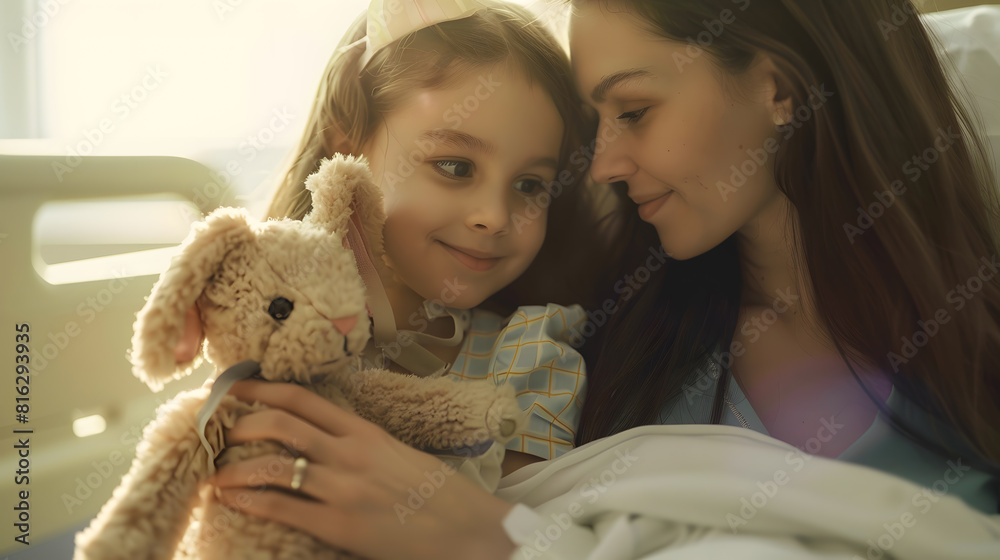 Childhood cancer Mother and daughter with toy bunny in hospital : Generative AI Childhood cancer Mother and daughter with toy bunny in hospital : Generative AI