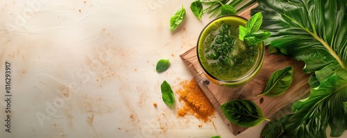 A vibrant green smoothie in a tall glass with a sidebar for a health tip text photo