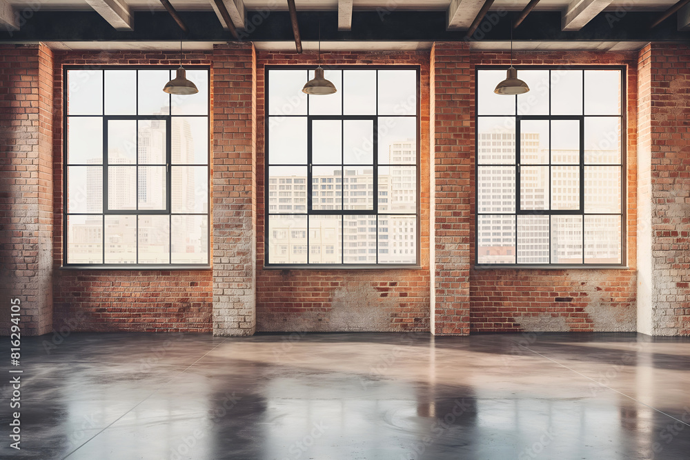 Interior Industrial Loft Space, Empty Wall Mockup With Exposed Brick Walls And Large Windows, 3d Render Real Room Template Interior Industrial Loft Space, Empty Wall Mockup With Exposed Brick Walls And Large Windows, 3d Render Real Room Template