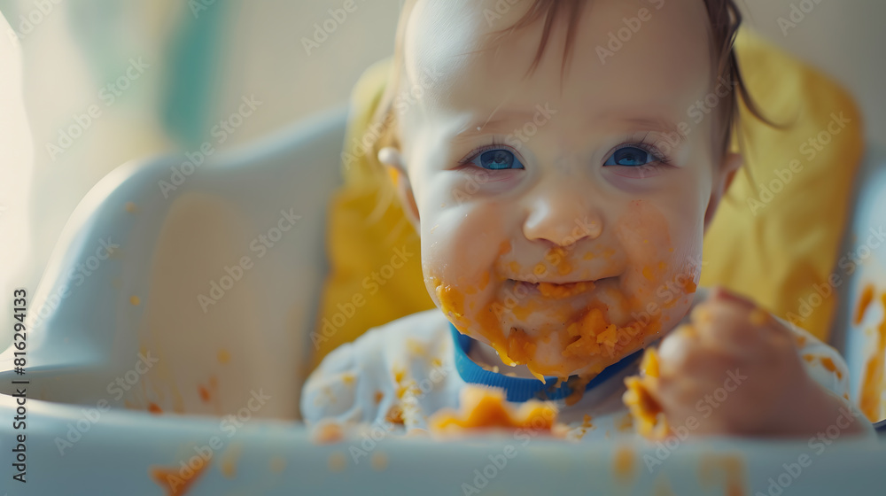 happy cheerful messy baby 9 months old sits in a highchair and eats lure vegetable puree soup the concept of baby food and childhood : Generative AI happy cheerful messy baby 9 months old sits in a highchair and eats lure vegetable puree soup the concept of baby food and childhood : Generative AI