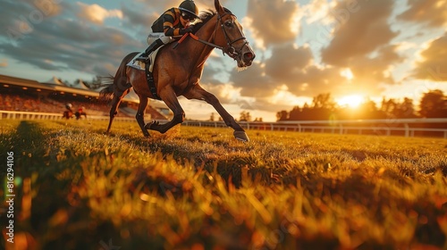 Horse racing with jockeys on horse racing field at sunset