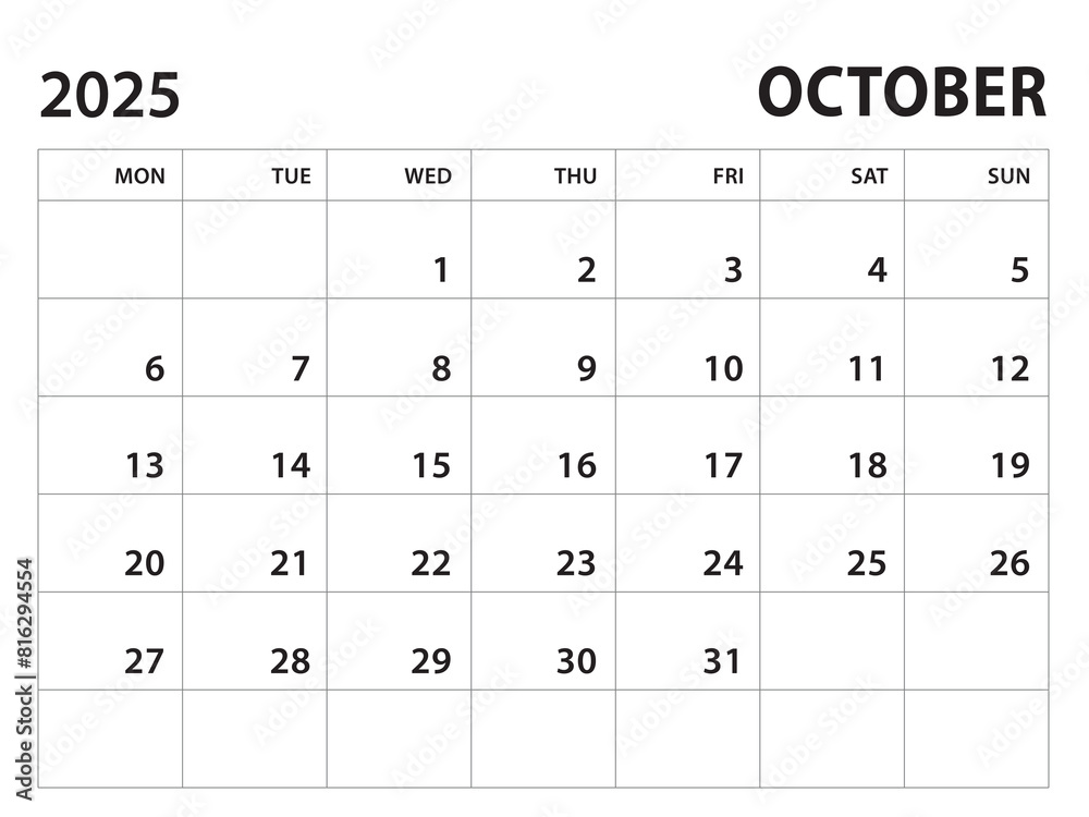 Calendar 2025 template - October 2025 vector on white background, week start on monday, Desk calendar 2025 year, Wall calendar design, corporate planner template, clean style, horizontal template Calendar 2025 template - October 2025 vector on white background, week start on monday, Desk calendar 2025 year, Wall calendar design, corporate planner template, clean style, horizontal template