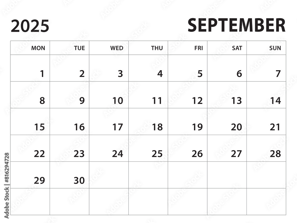 Calendar 2025 template - September 2025 vector on white background, week start on monday, Desk calendar 2025 year, Wall calendar design, corporate planner template, clean style, horizontal template Calendar 2025 template - September 2025 vector on white background, week start on monday, Desk calendar 2025 year, Wall calendar design, corporate planner template, clean style, horizontal template