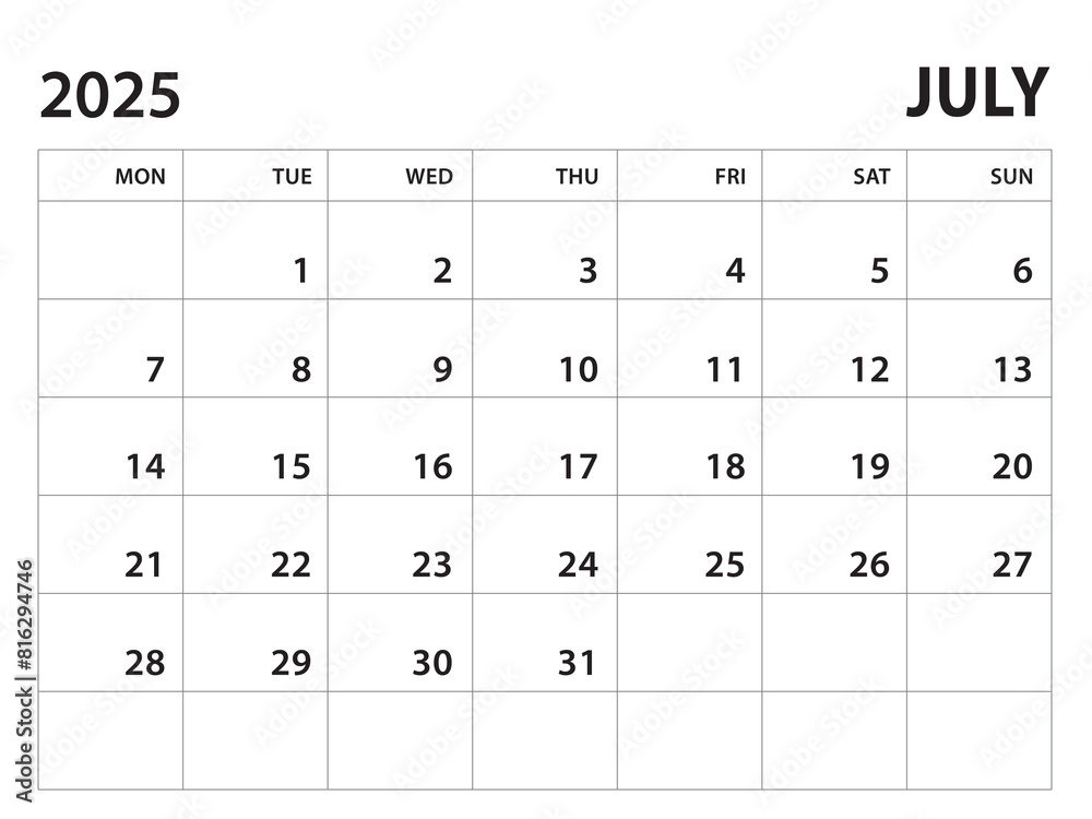 Calendar 2025 template - July 2025 vector on white background, week start on monday, Desk calendar 2025 year, Wall calendar design, corporate planner template, clean style, horizontal template Calendar 2025 template - July 2025 vector on white background, week start on monday, Desk calendar 2025 year, Wall calendar design, corporate planner template, clean style, horizontal template