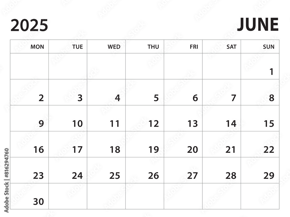 Calendar 2025 template - June 2025 vector on white background, week start on monday, Desk calendar 2025 year, Wall calendar design, corporate planner template, clean style, horizontal template Calendar 2025 template - June 2025 vector on white background, week start on monday, Desk calendar 2025 year, Wall calendar design, corporate planner template, clean style, horizontal template
