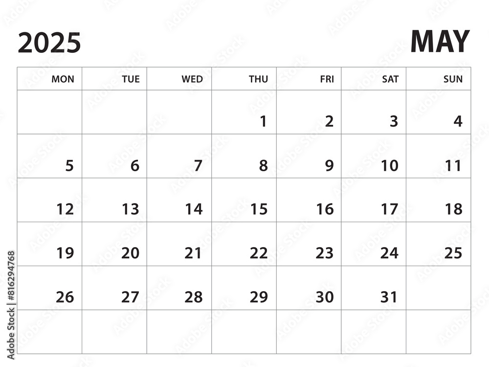 Calendar 2025 template - May 2025 vector on white background, week start on monday, Desk calendar 2025 year, Wall calendar design, corporate planner template, clean style, horizontal template Calendar 2025 template - May 2025 vector on white background, week start on monday, Desk calendar 2025 year, Wall calendar design, corporate planner template, clean style, horizontal template