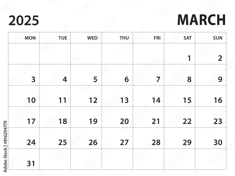 Calendar 2025 template - March 2025 vector on white background, week start on monday, Desk calendar 2025 year, Wall calendar design, corporate planner template, clean style, horizontal template Calendar 2025 template - March 2025 vector on white background, week start on monday, Desk calendar 2025 year, Wall calendar design, corporate planner template, clean style, horizontal template