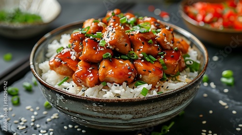 Chicken teriyaki with steamed rice, fresh foods in minimal style