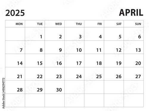 Calendar 2025 template - April 2025 vector on white background, week start on monday, Desk calendar 2025 year, Wall calendar design, corporate planner template, clean style, horizontal template