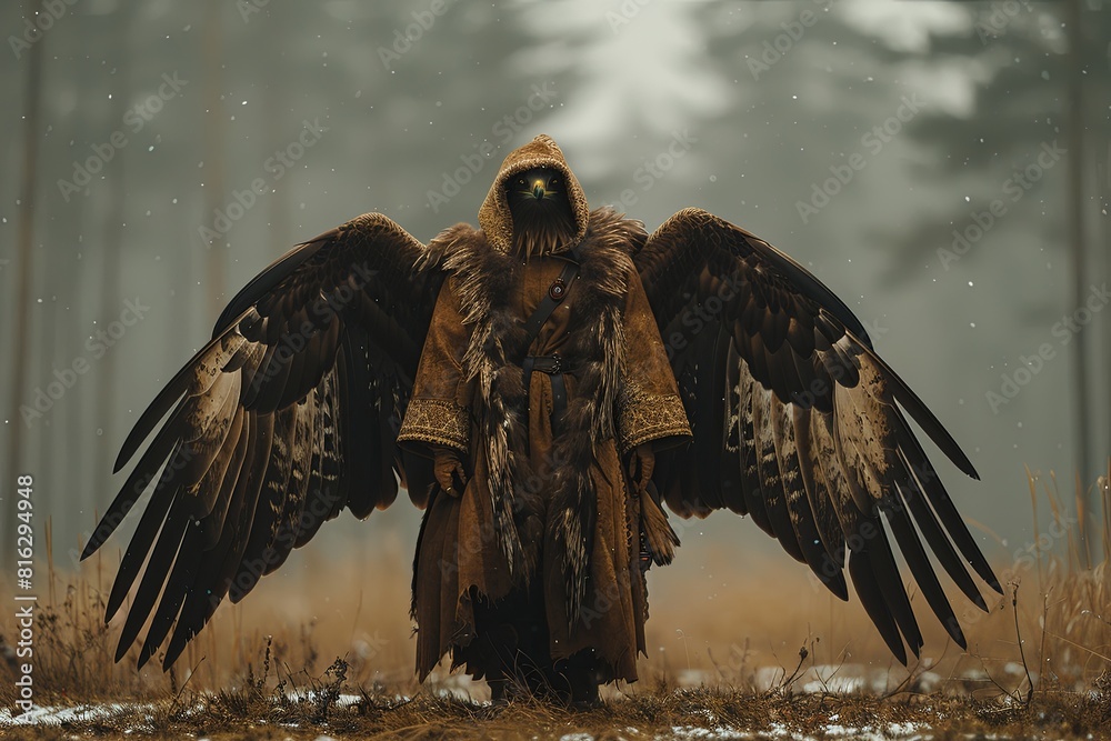 Fototapeta premium Brave Eagle Girl: Enchanting Forest Feathers in Atmospheric Lighting