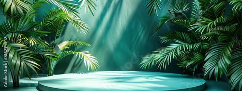 3d rendering of empty podium with green palm leaves. photo