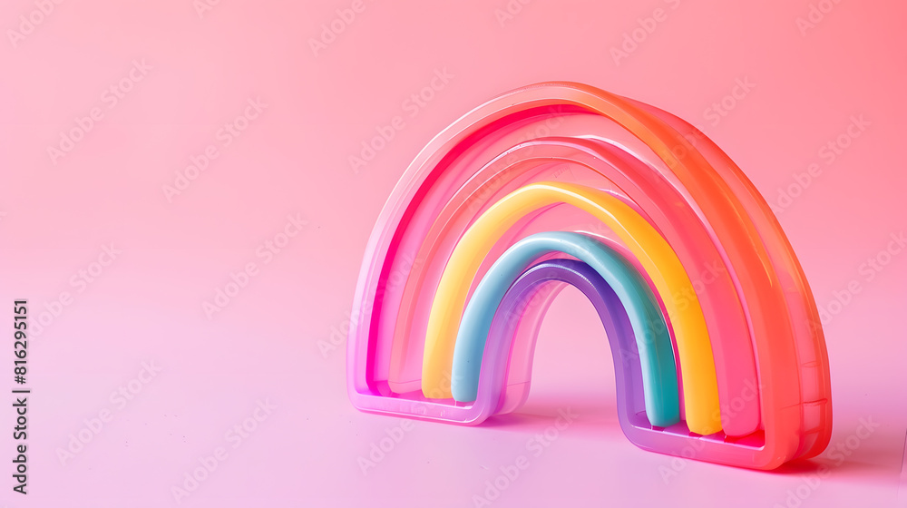 Obraz premium Toy plastic rainbow on a pastel pink background A colored spiral for play and stunts popular in the 90s Minimalism The concept of toys childhood brightness : Generative AI