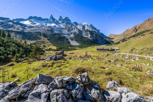 Obere Spora Alpe mit 3 Türme, Gauertal, Montafon in Vorarlberg, Österreich photo