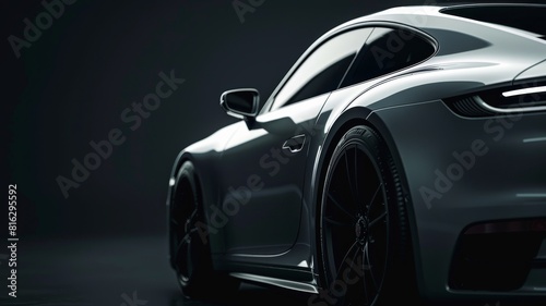 grey generic unbranded luxury sport car on a very dark black background, banner