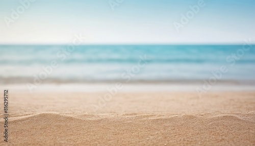 Seascape abstract beach background. blur bokeh light of calm sea and sky. Focus on sand foreground created with generative ai  