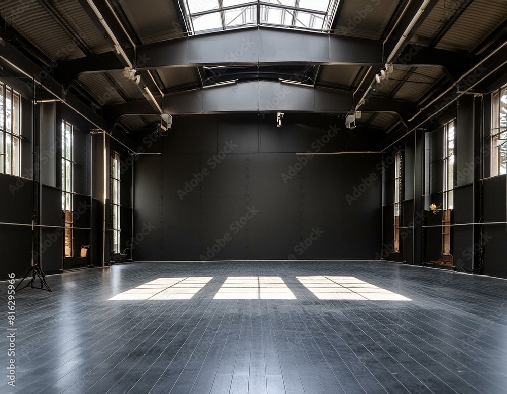 A black panoramic studio room stands empty, devoid of any presence. The space is illuminated by a soft white glow, creating a stark and minimalist atmosphere
